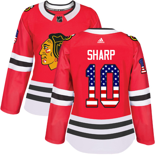 Adidas Blackhawks #10 Patrick Sharp Red Home Authentic USA Flag Women's Stitched NHL Jersey